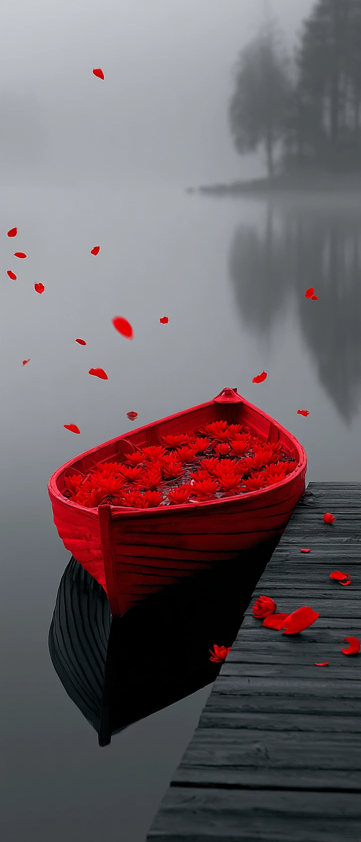 Red rowboat with water lilies on misty grey lake