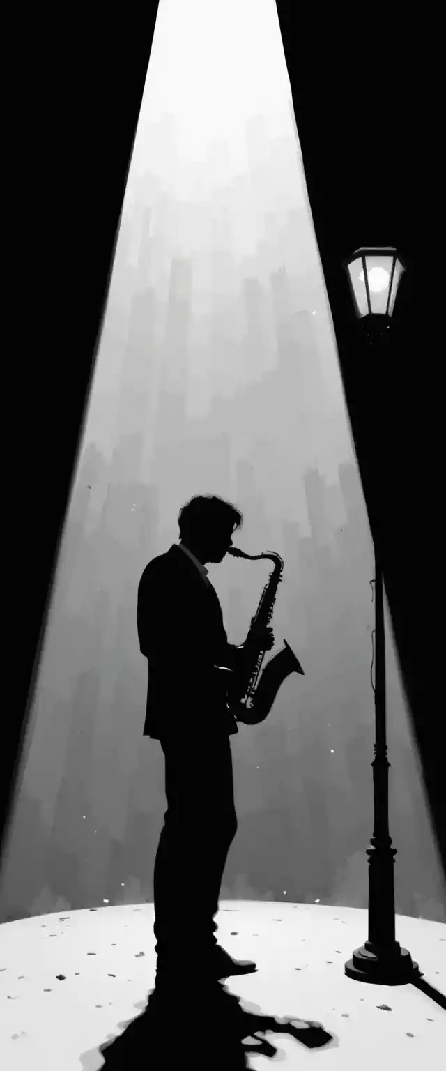 Silhouette di sassofonista jazz sotto un unico drammatico riflettore