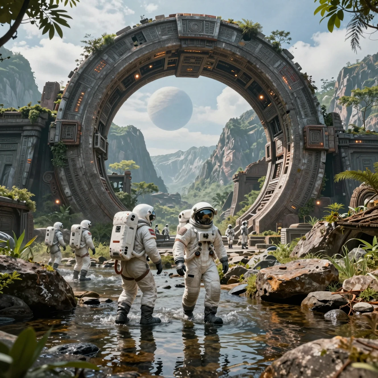Astronaut team crossing stream into ancient alien ruins