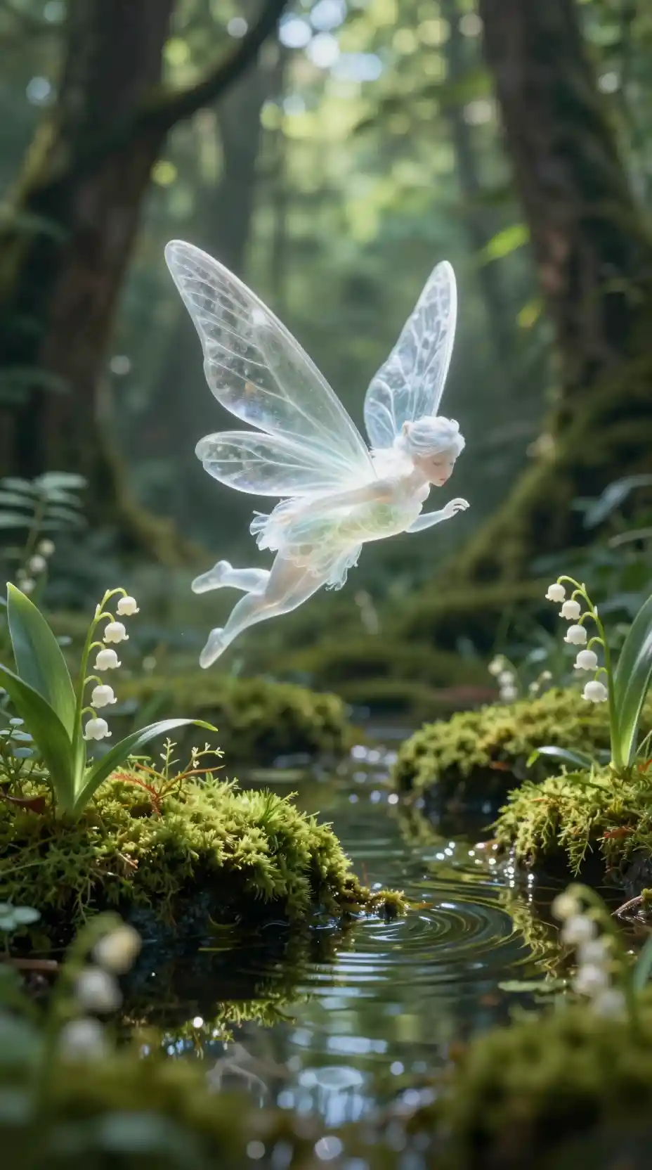 Ethereal fairy flying over water in a mossy forest