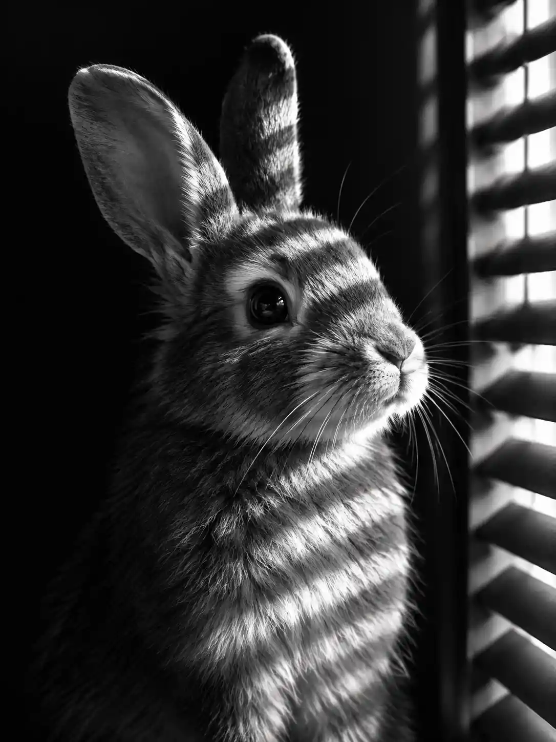 Black and white close up of a contemplative rabbit