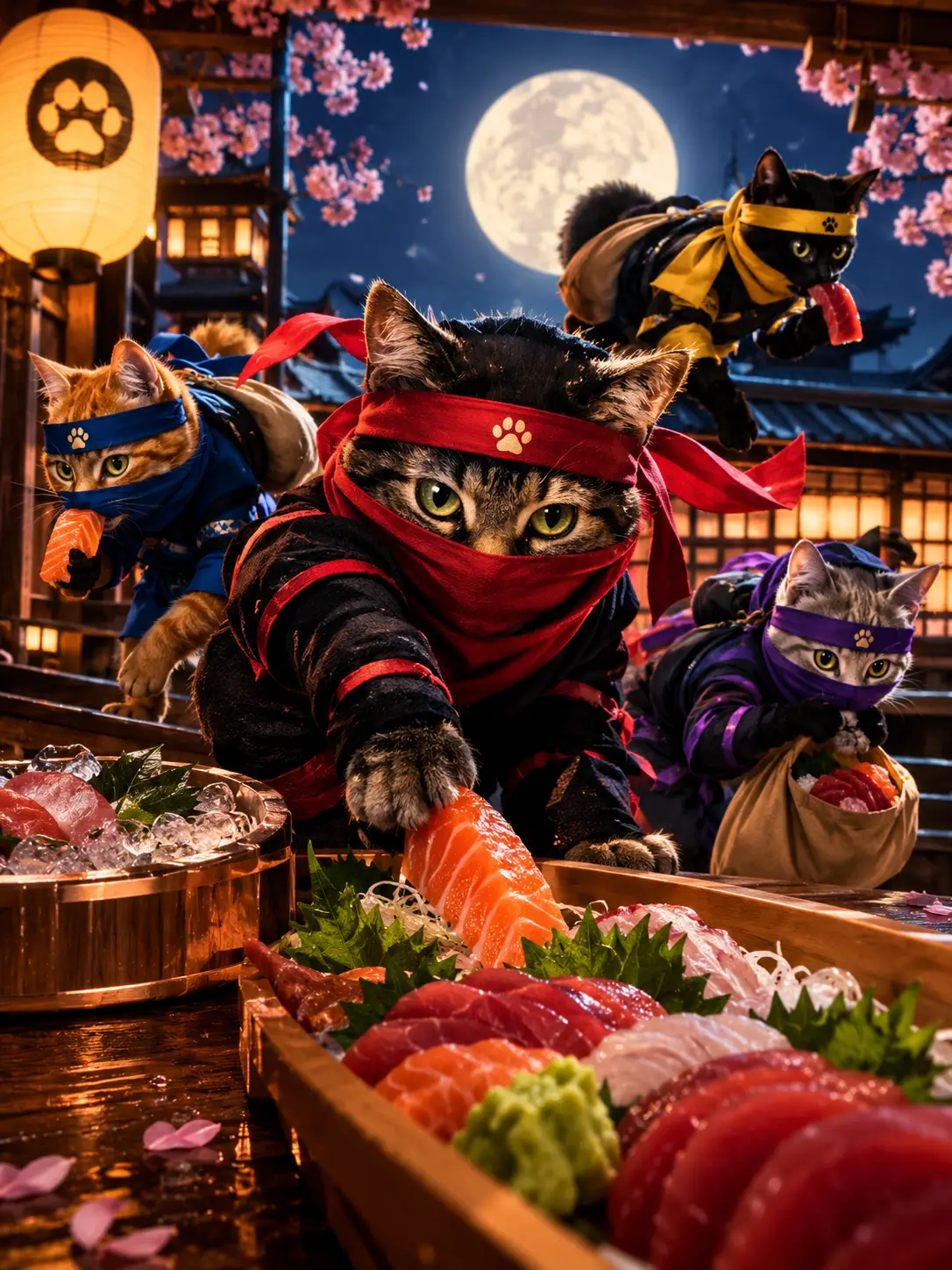 Chats ninjas vibrants orchestrant un braquage dramatique de sashimi