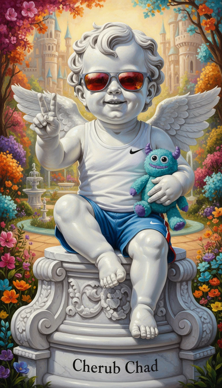 Cherub statue in sportswear giving a peace sign