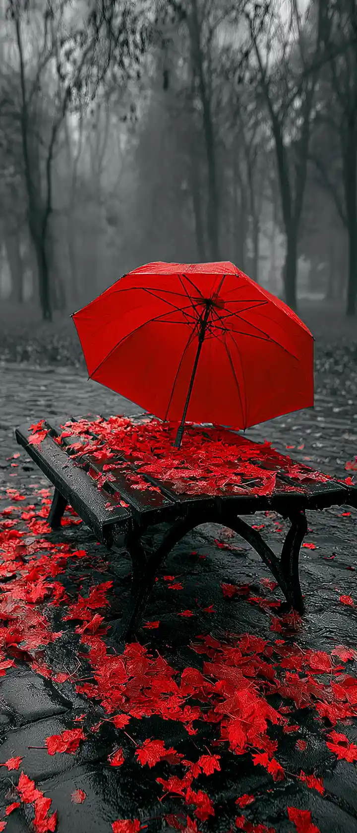 Roter Regenschirm auf nasser Parkbank im nebligen Herbstwald