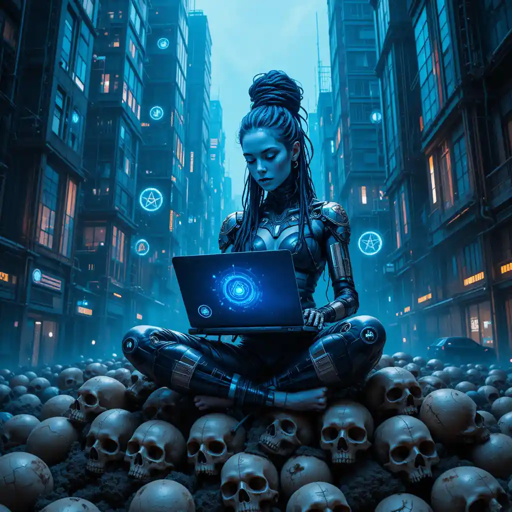 Hacker cibernética meditando em um trono de crânios