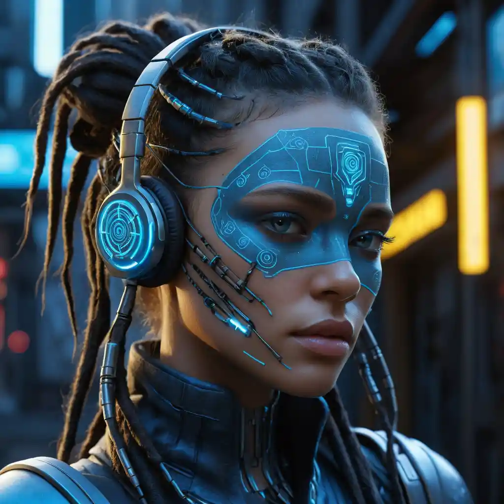 Femme hackeuse cyberpunk avec tatouages lumineux et masque