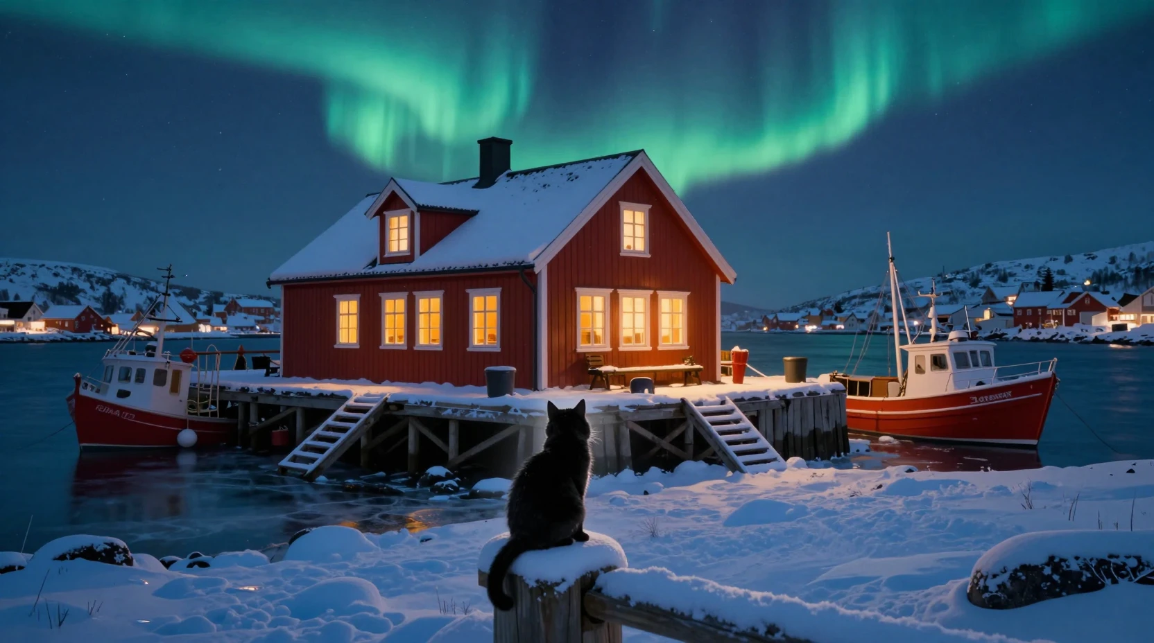 Cozy harbor pub with black cat on snowy nordic waterfront