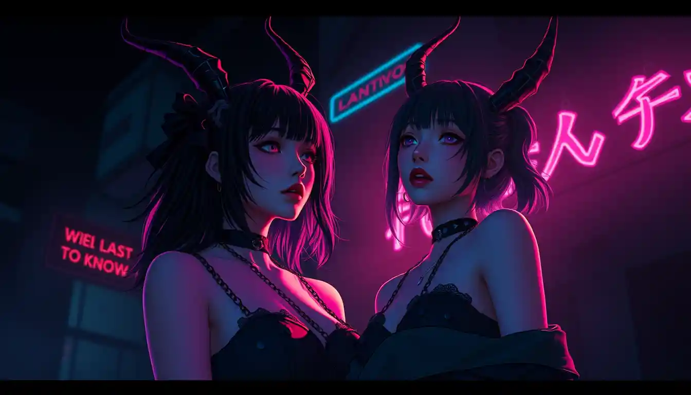 Cena gótica de cidade neon com duas mulheres na escuridão surreal