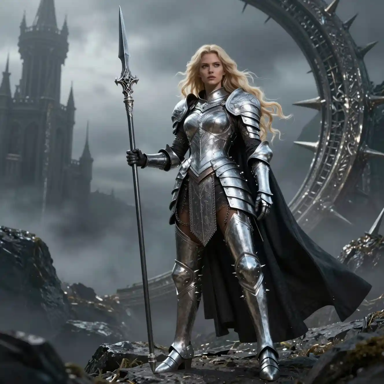 Guerreira loira com armadura em uma paisagem de fantasia sombria
