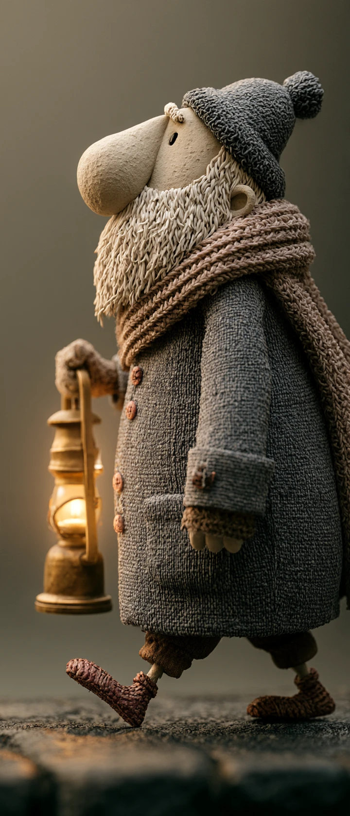 Old sailor walking with lantern on dark stone path