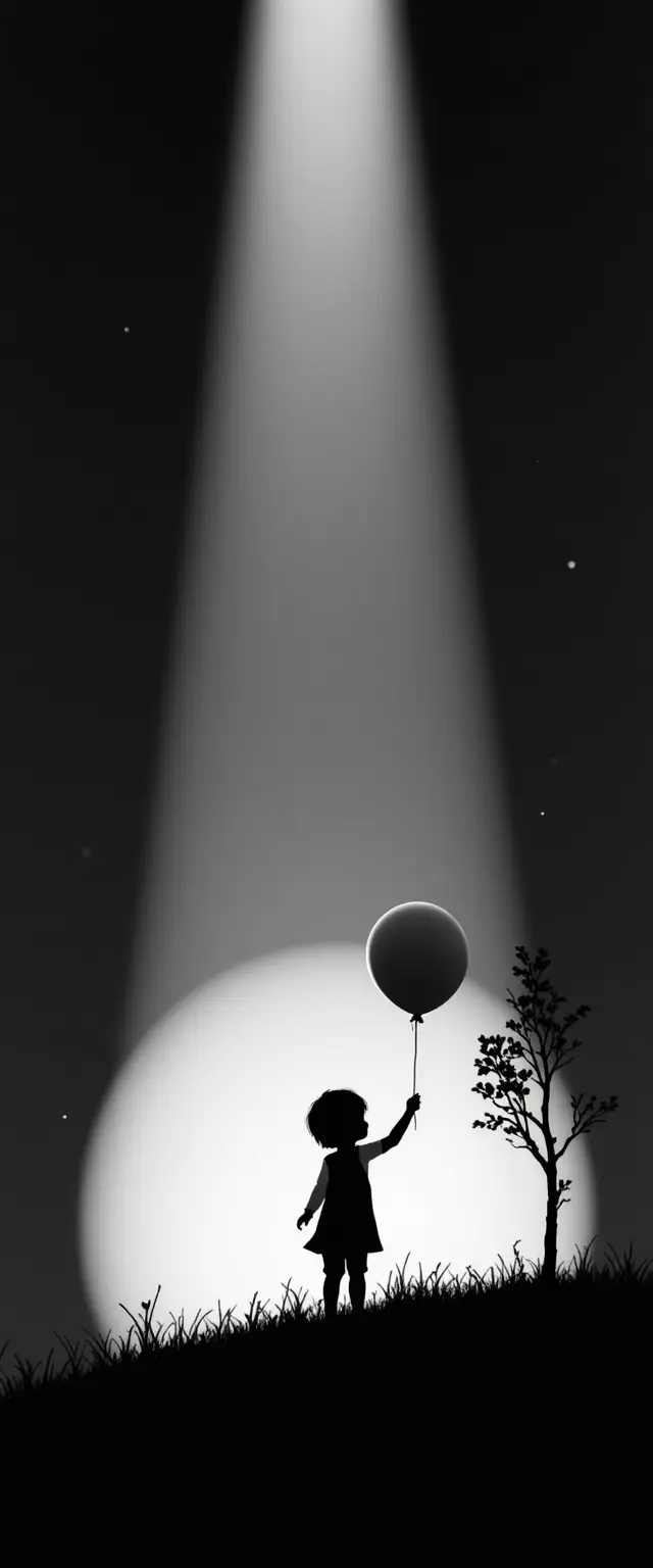 Child silhouette with balloon under single spotlight