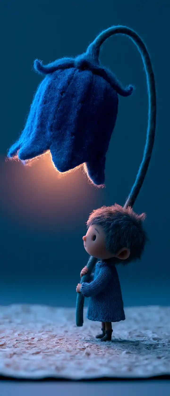 Tiny boy under a glowing blue bellflower lamp in 3D