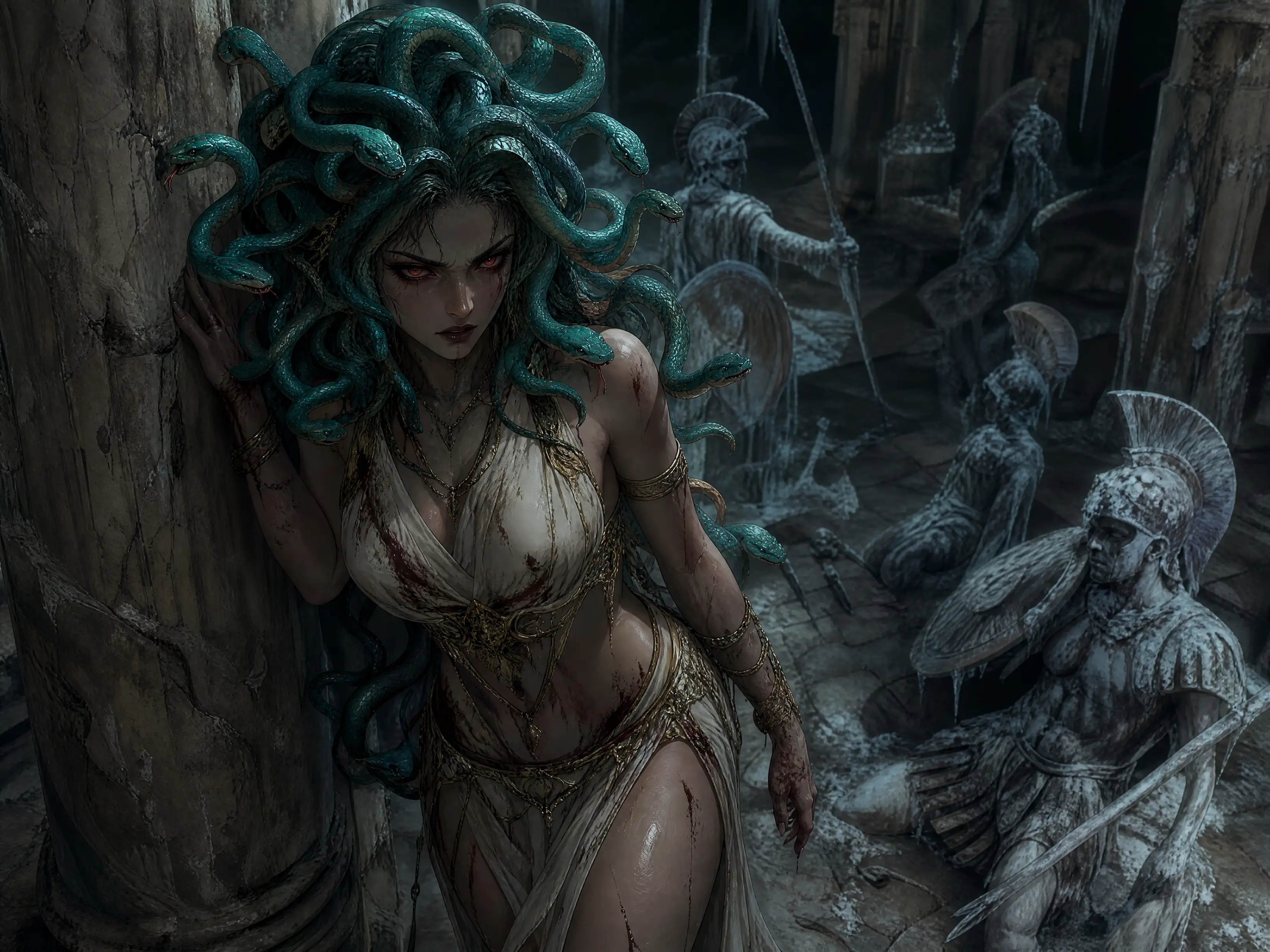 Aggressive gorgon woman in ancient subterranean stone ruins