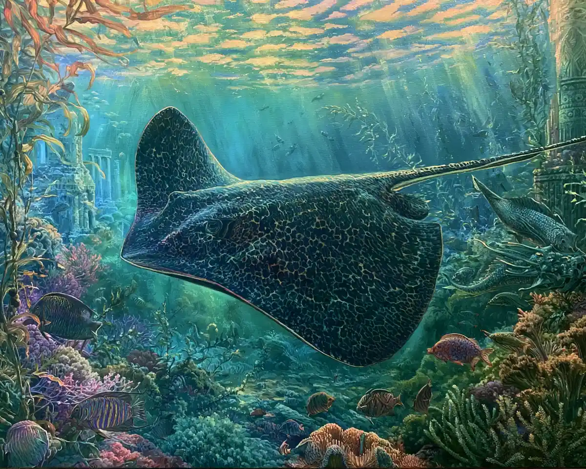 Majestic stingray gliding over a colorful coral reef