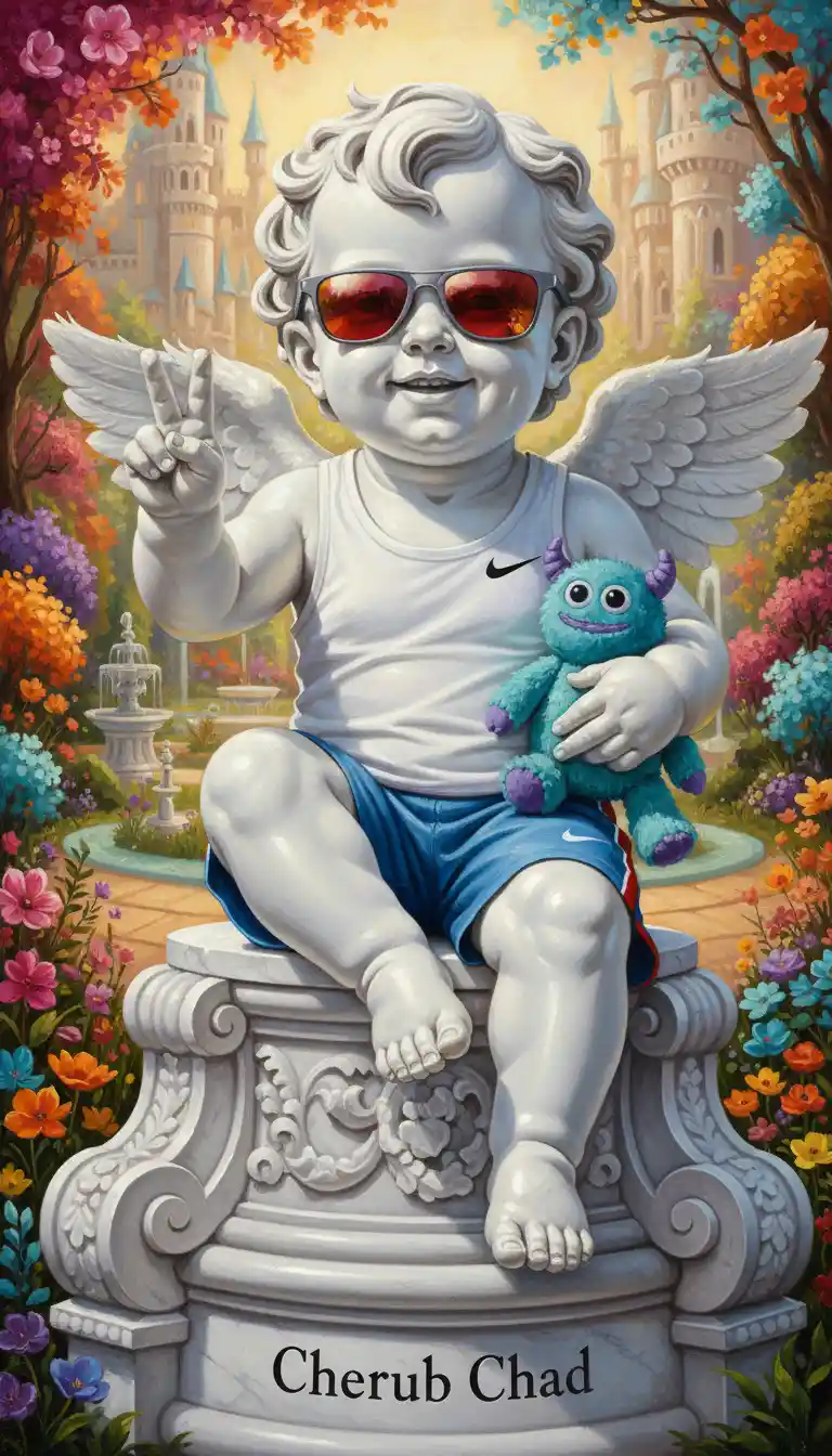 Cherub statue in sportswear giving a peace sign