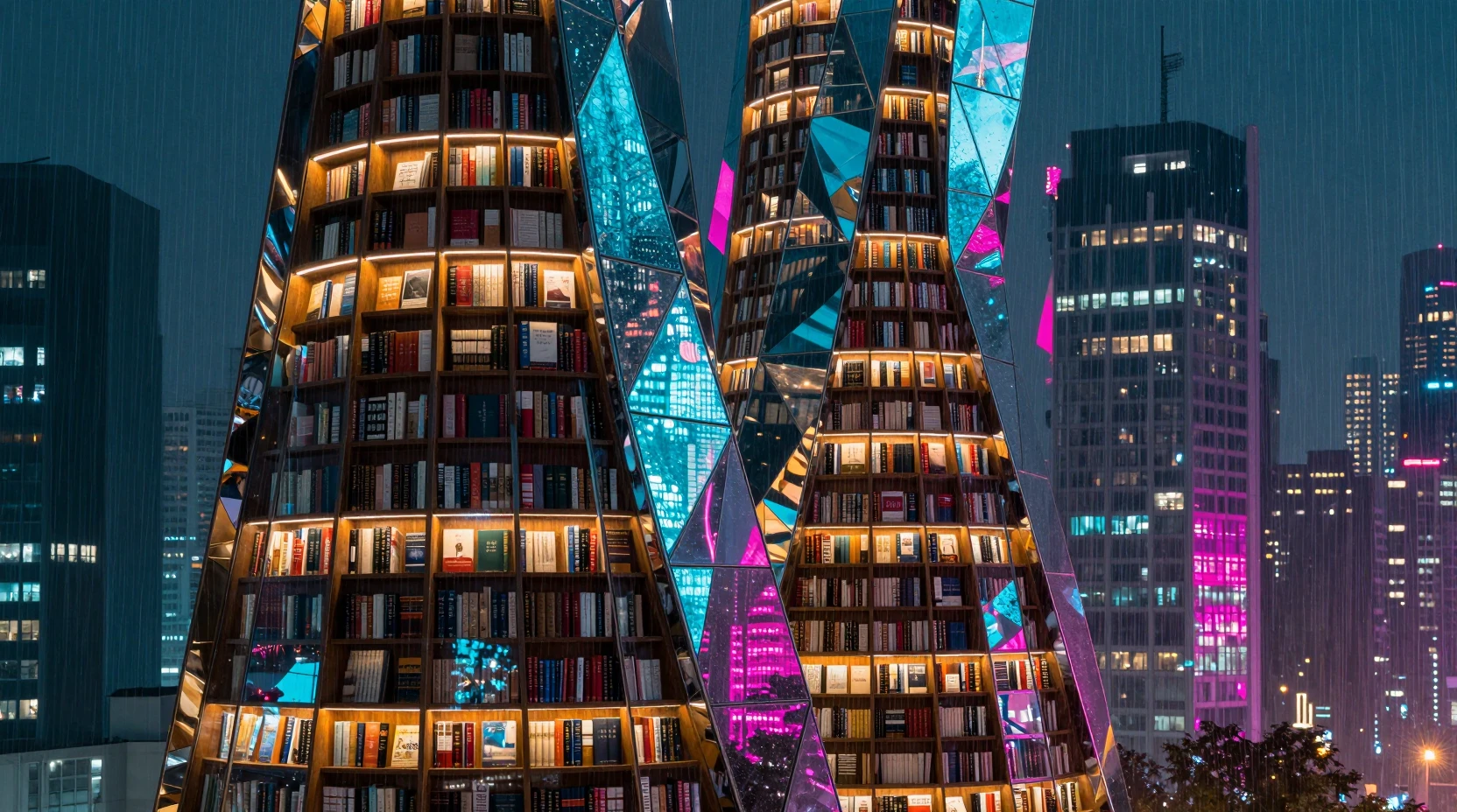 Biblioteca Futurista de Vidro em Hélice na Cidade Cyberpunk Neon