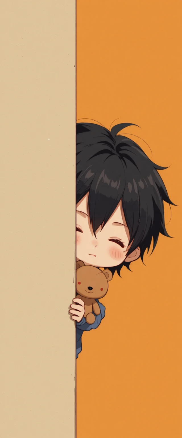 Chibi-Junge lugt hinter einer Wand hervor mit winzigem Plüschbären