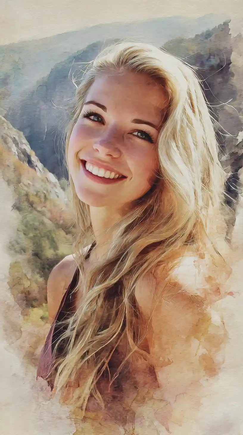 Retrato em aquarela de uma mulher sorridente sobre montanhas de cânion
