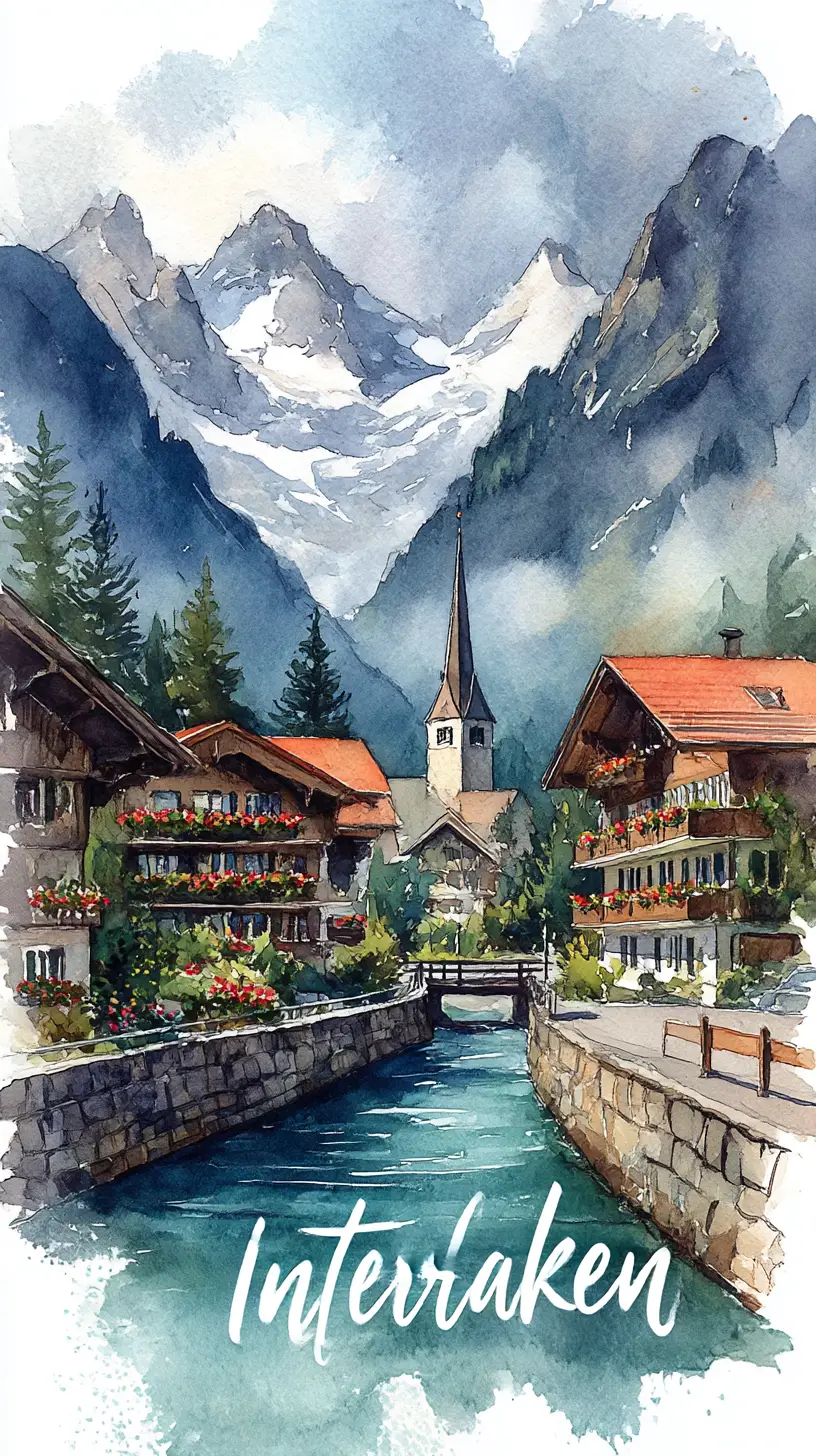 Serene Swiss village watercolor by snow capped mountains