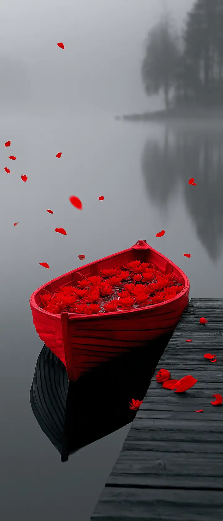 Red rowboat with water lilies on misty grey lake