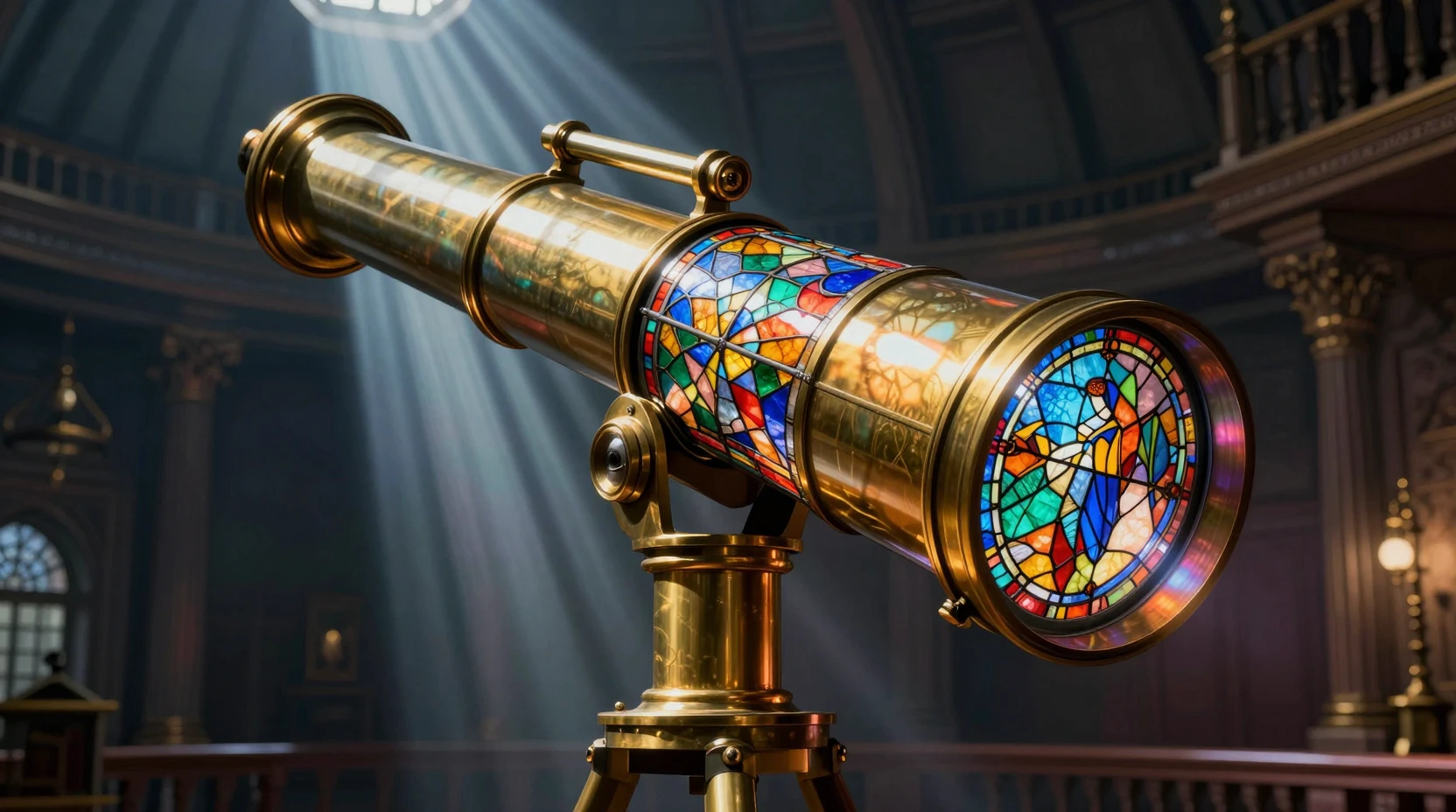 Giant Brass Telescope With Stained Glass Lens In Dark Observatory