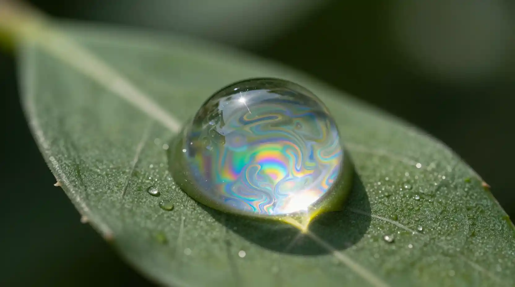 Gota de agua macro con interferencia de arcoíris sobre hoja verde