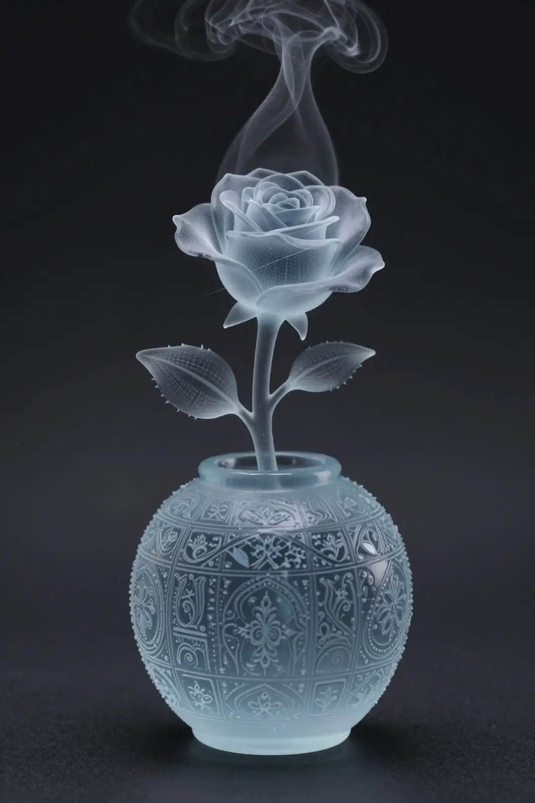 Translucent blue glass sculpture with rising steam rose