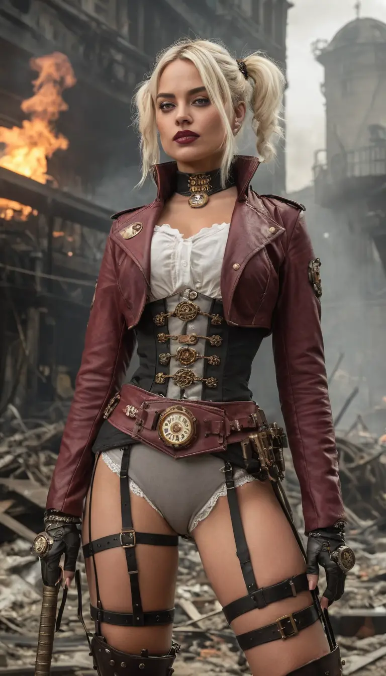 Femme steampunk dans les ruines d’une ville futuriste en plein jour