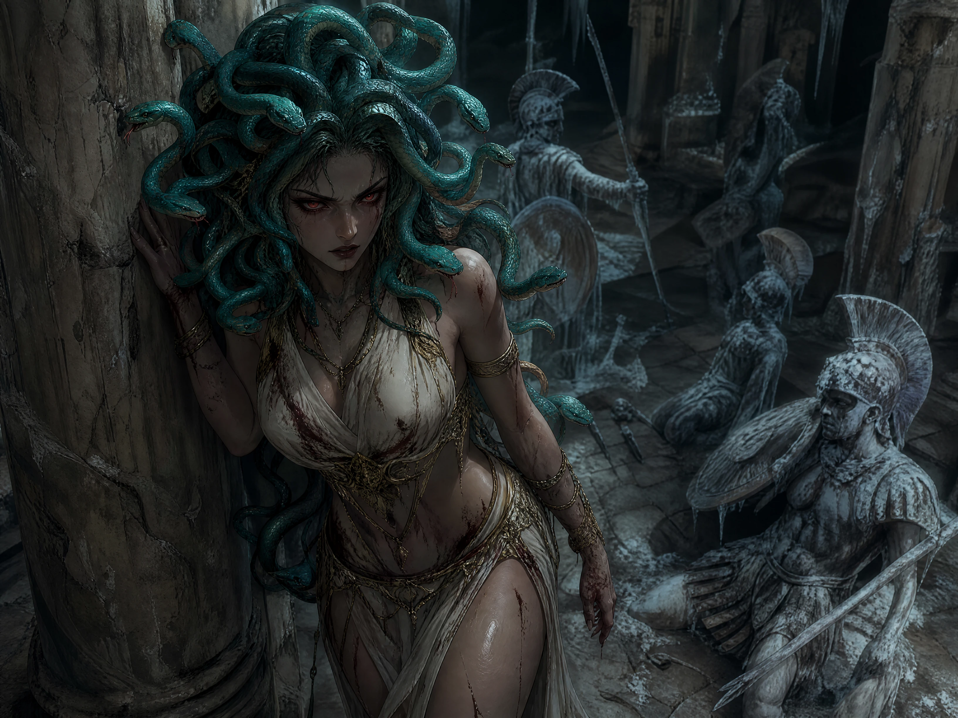 Aggressive gorgon woman in ancient subterranean stone ruins