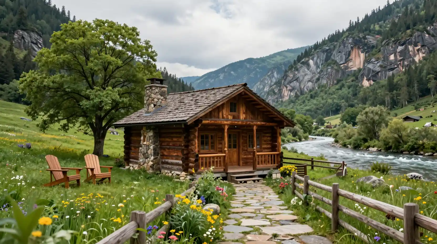 Rustic Log Cabin In A Lush Green Mountain Valley