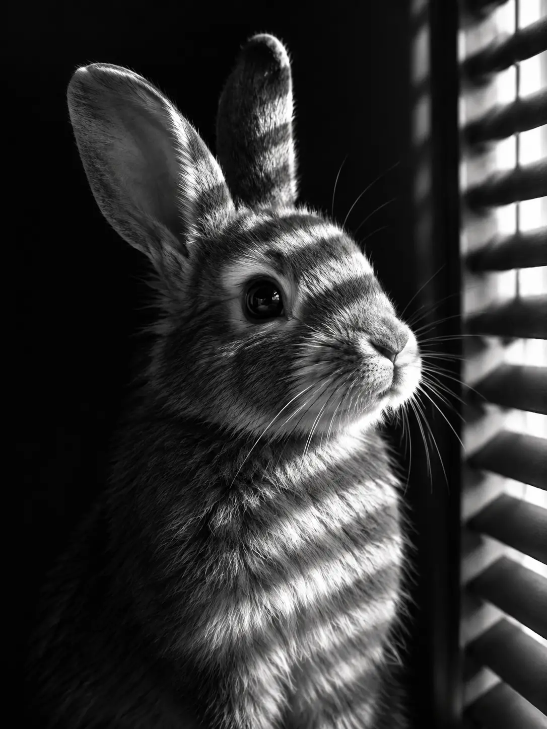 Black and white close up of a contemplative rabbit