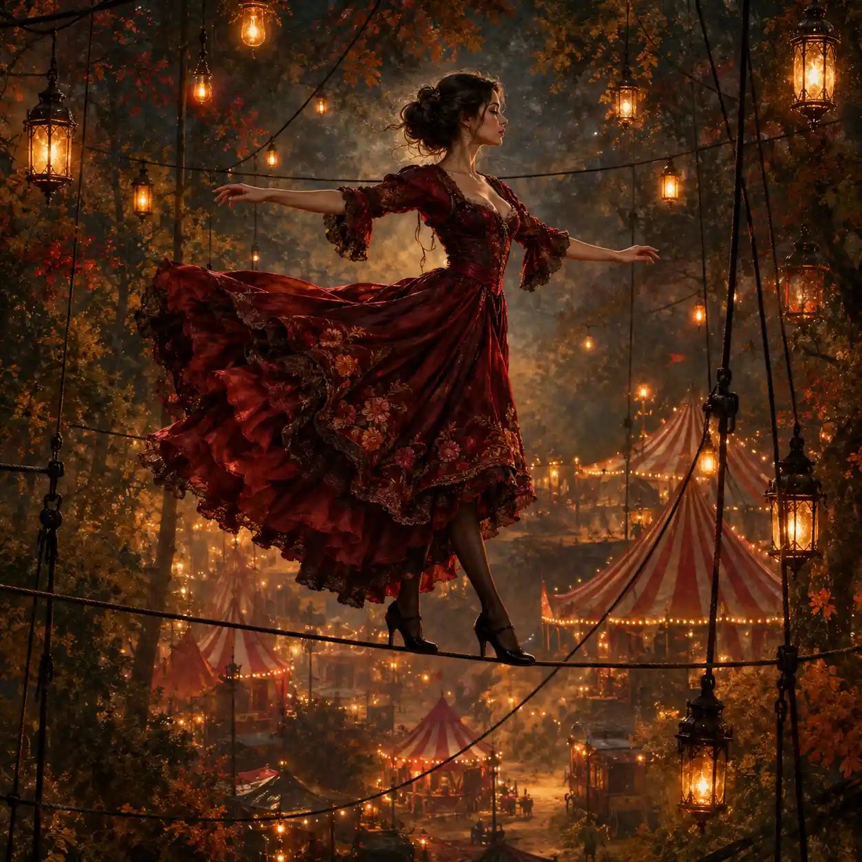 Graceful circus dancer balancing on a lantern lit wire