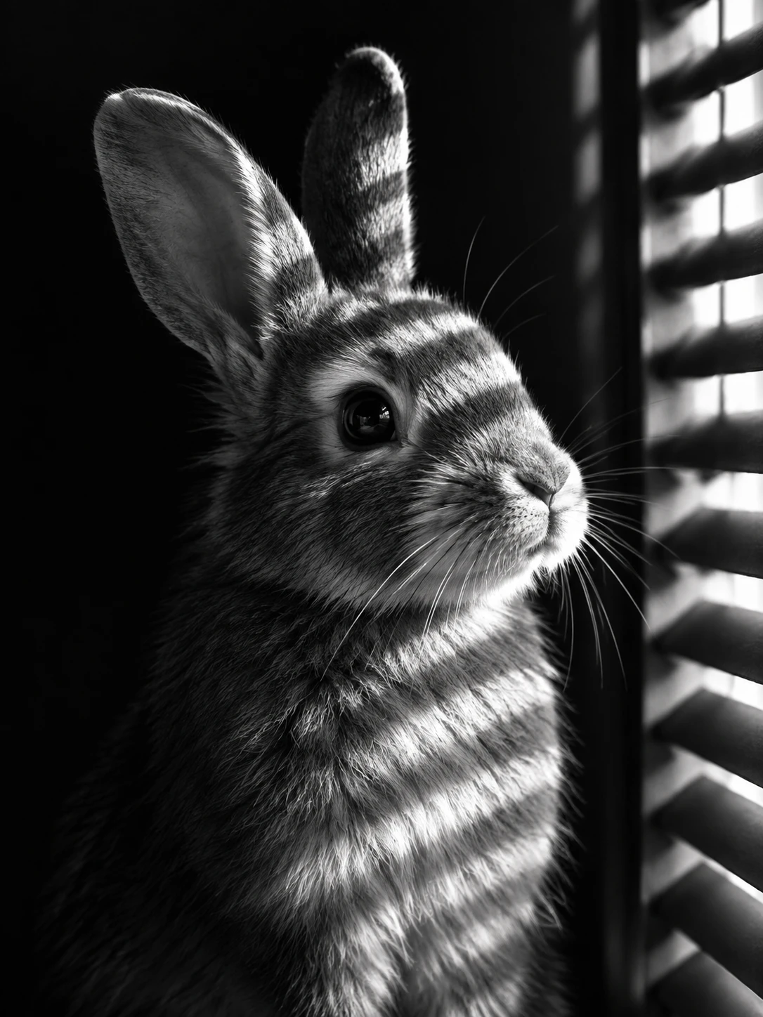 Black and white close up of a contemplative rabbit