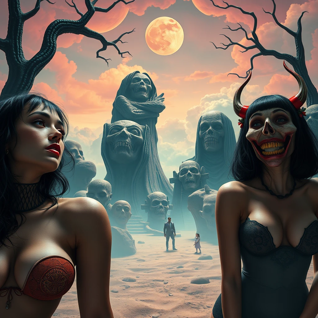 Paesaggio utopico surreale di donne in un cupo horror comico