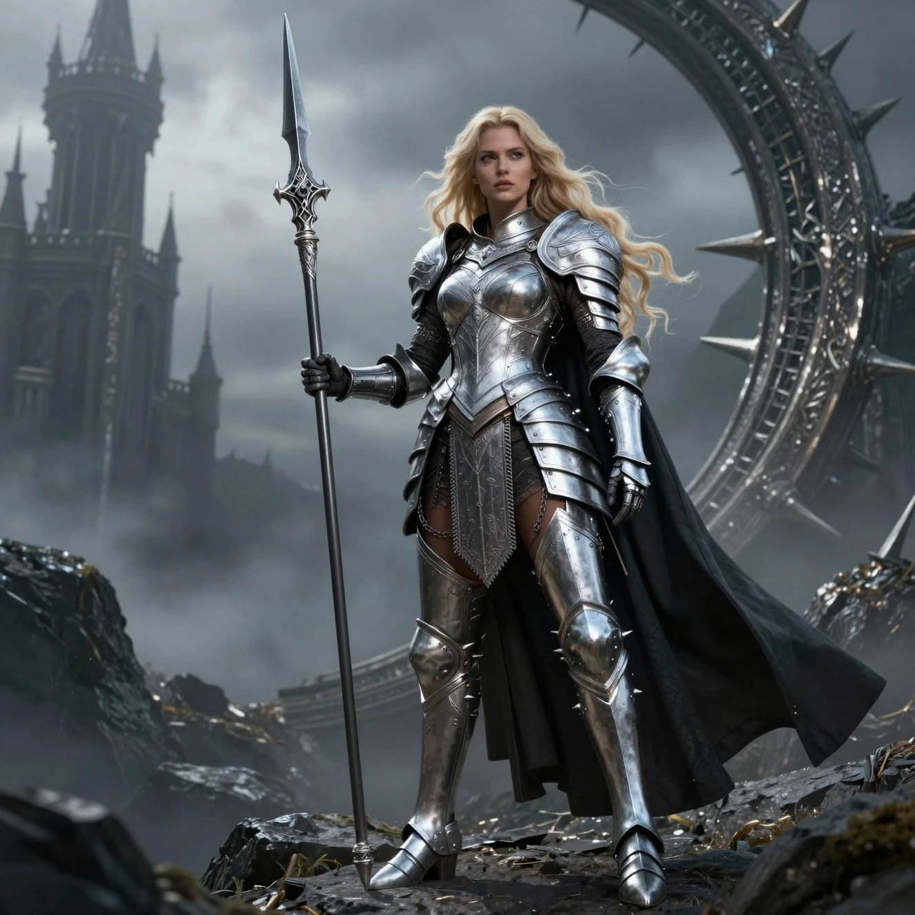 Guerreira loira com armadura em uma paisagem de fantasia sombria