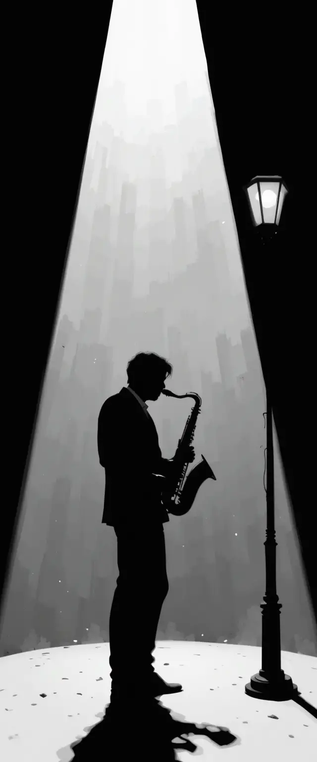 Jazz saxophonist silhouette under a single dramatic spotlight
