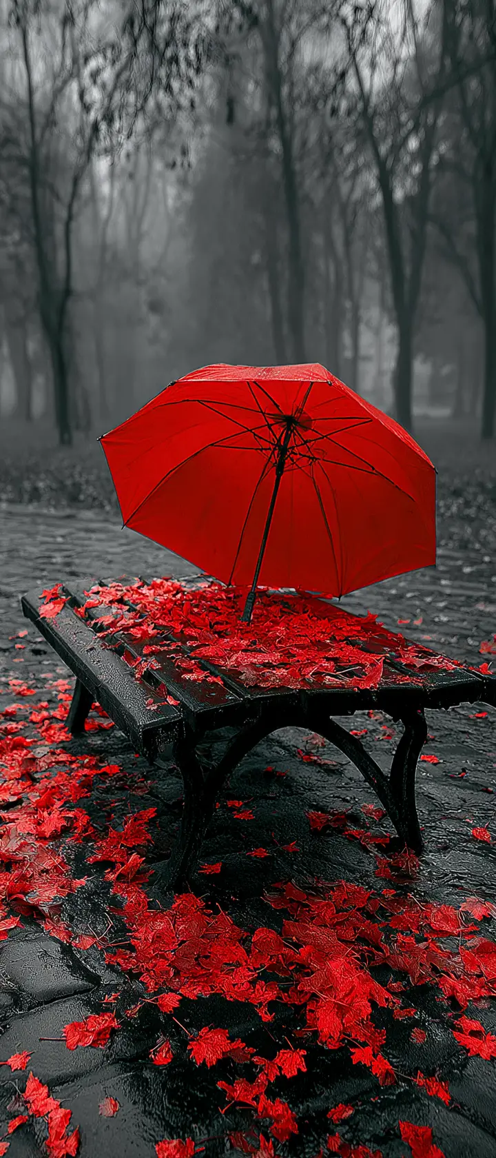 Roter Regenschirm auf nasser Parkbank im nebligen Herbstwald