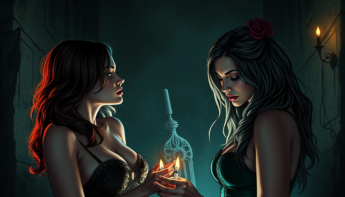 Surreale düstere Comicszene mit zwei glamourösen Frauen