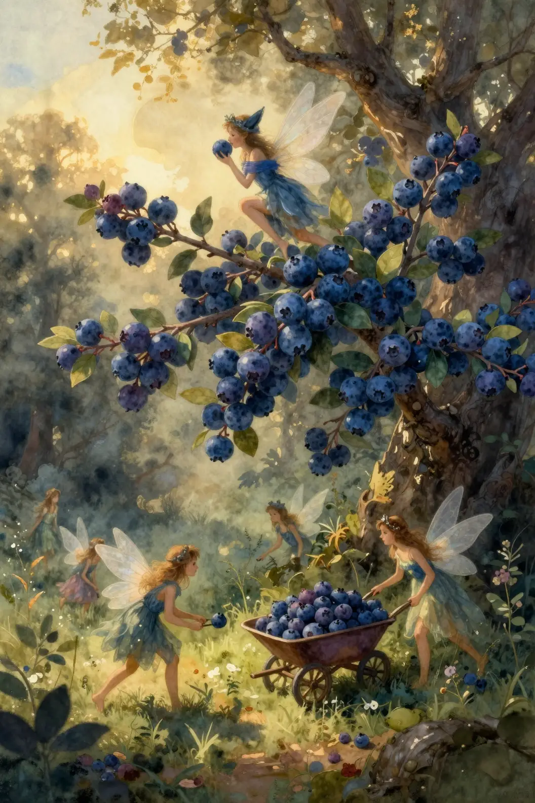 Fairies Gather Around A Magical Blueberry Bush At Sunset