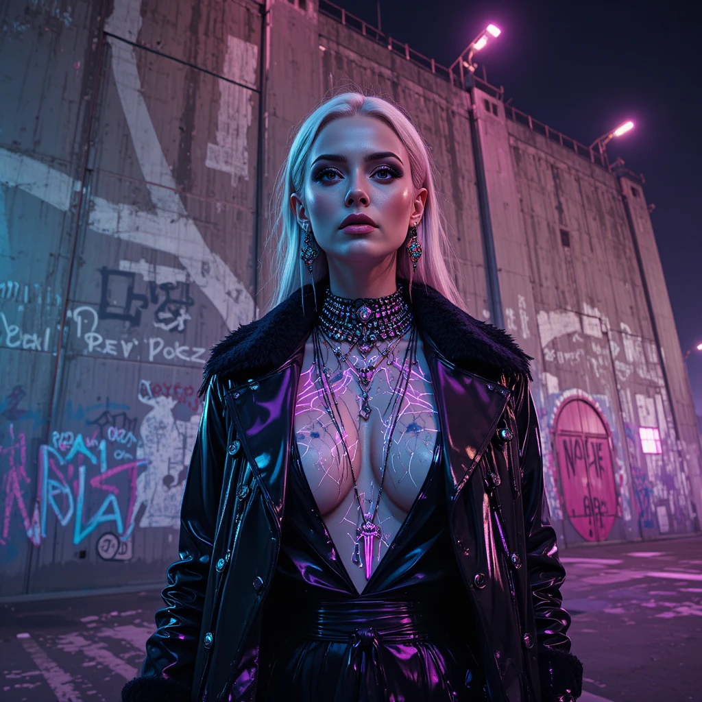 Mujer cyberpunk posando junto a un muro de contención de hormigón iluminado con neón
