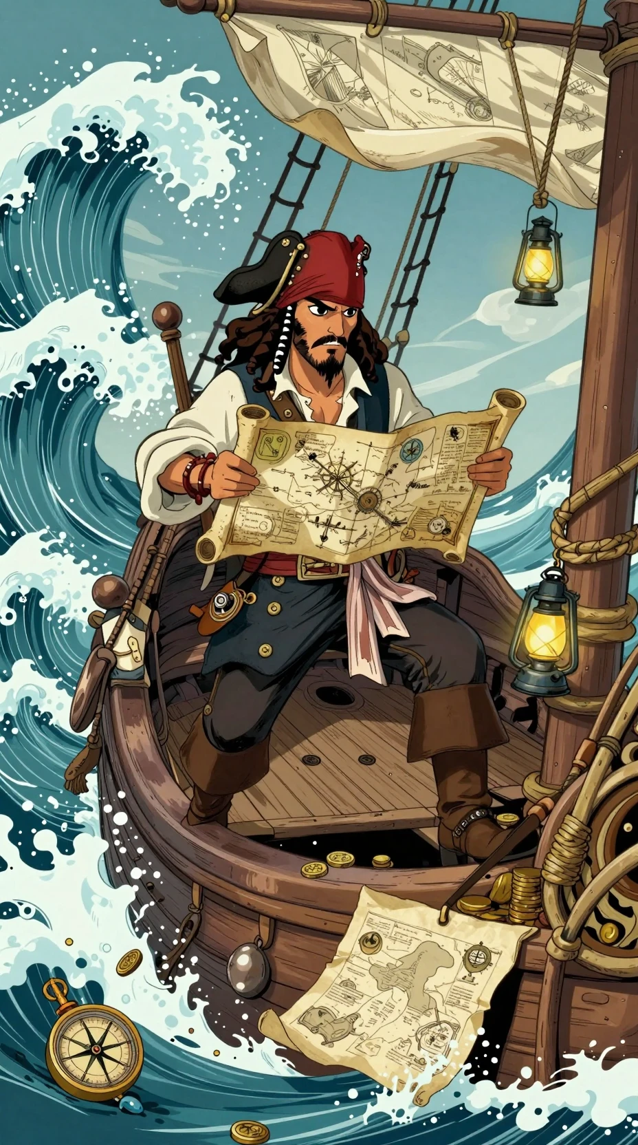 Piratenkartograf bewacht Schatzkarte in einem tobenden Sturm