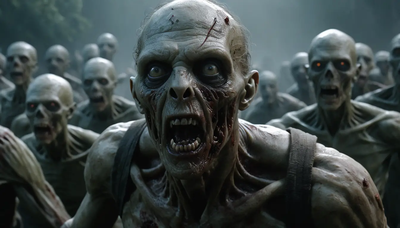 Terrified man surrounded by zombies in apocalyptic ruins