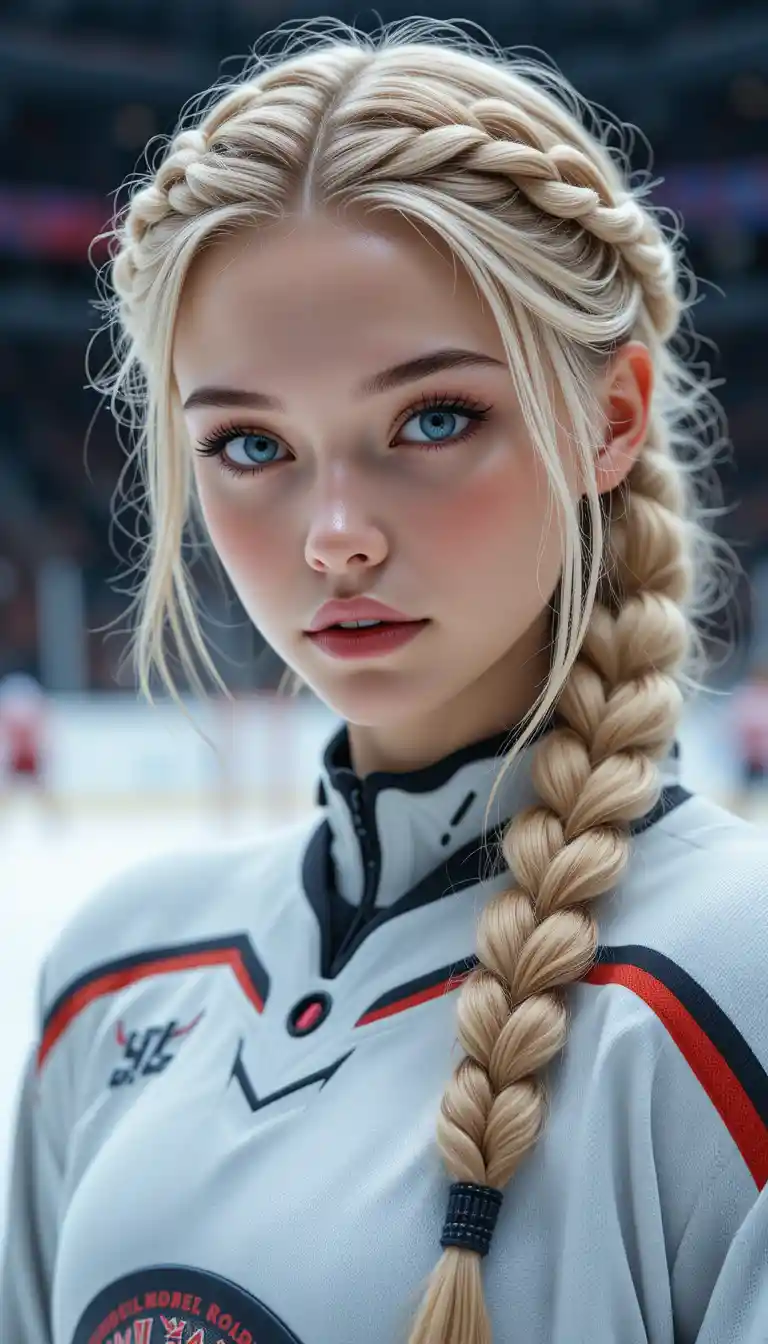 Giocatrice di hockey che effettua tiri di riscaldamento sul ghiaccio