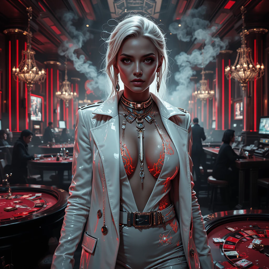 Cyberpunk-Noir-Frau in einem rauchigen Untergrund-Casino