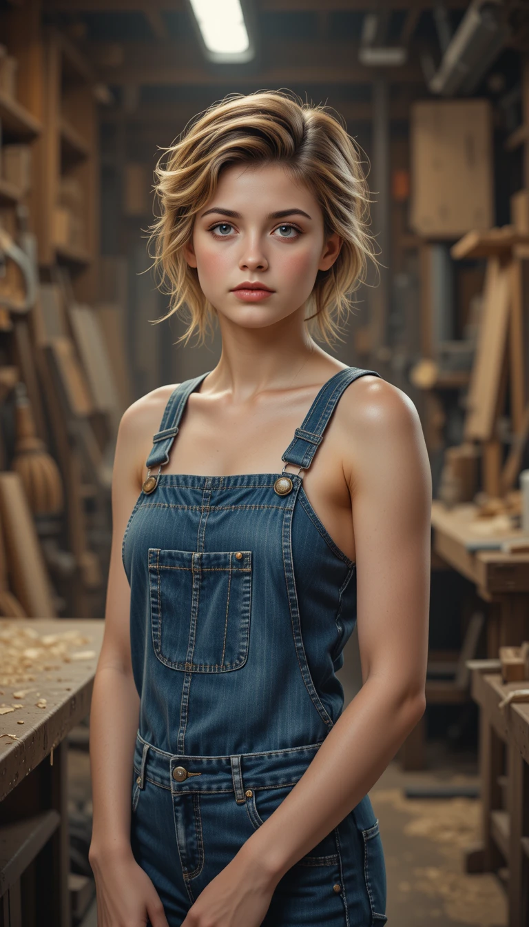 Jeune fille en salopette en jean dans un atelier chaleureux