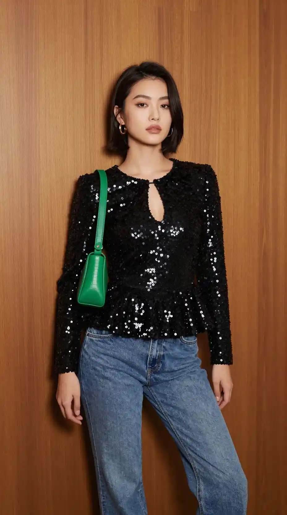 Stylish woman posing by wooden wall in sequined top