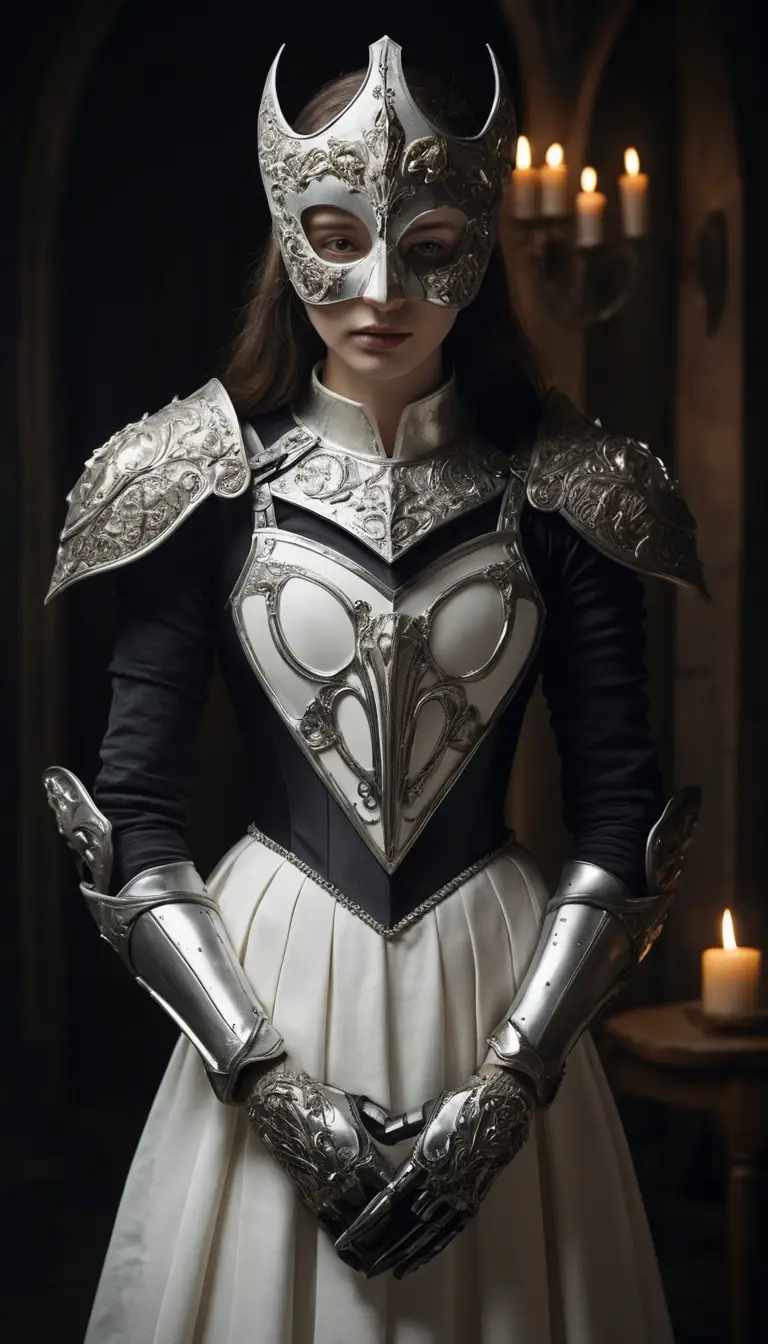 Dual portrait of a woman in white dress and dark armor
