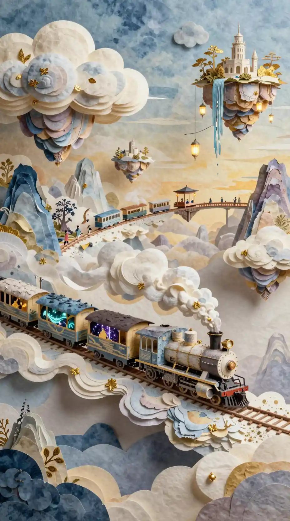 Tren de vapor de papel vintage cruzando un reino flotante en el cielo