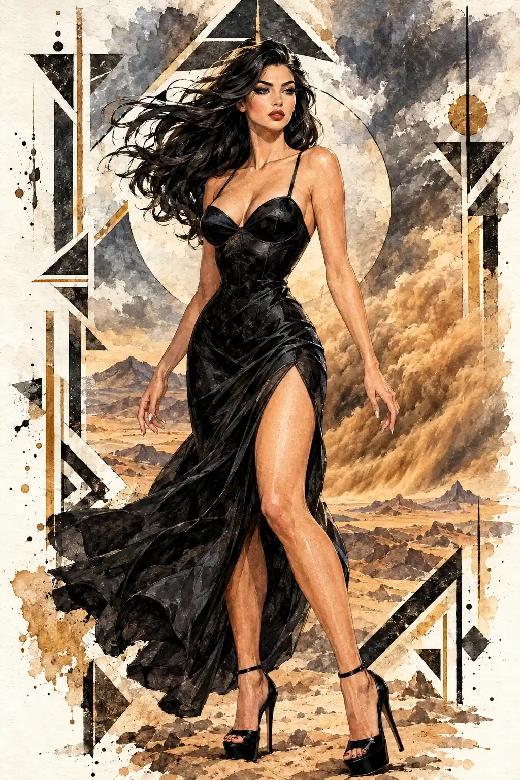 Elegante donna in abito nero davanti a tempesta desertica geometrica