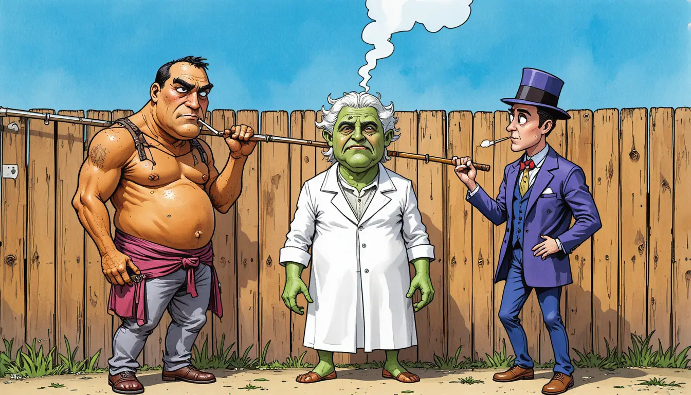 Three comic men in a tense confrontation by a fence